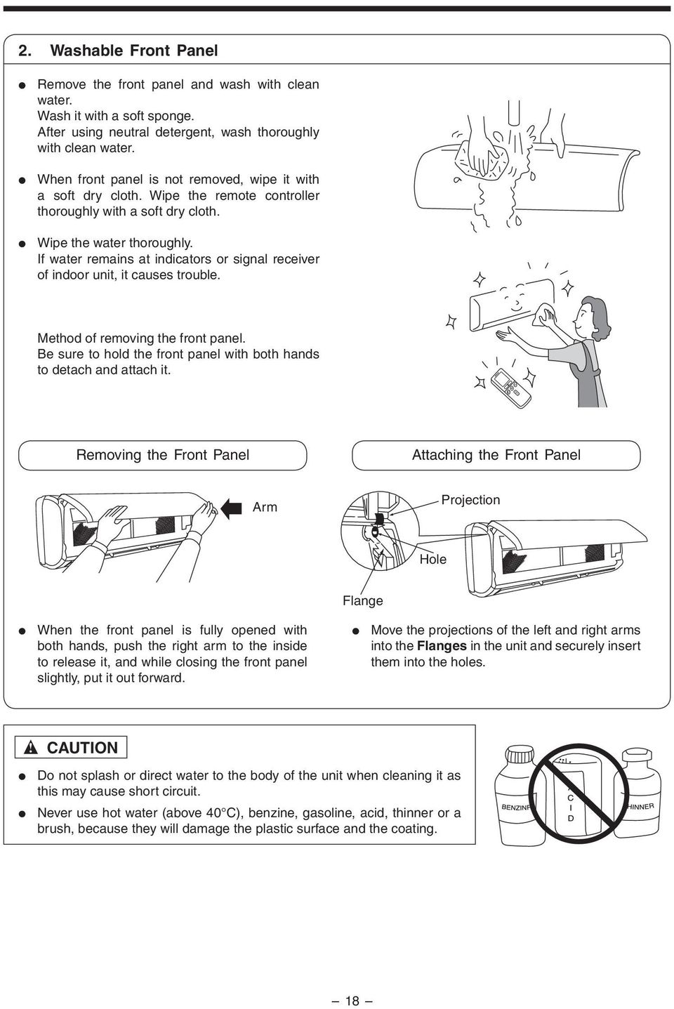 Method of removing the front panel Be sure to hold the front panel with both hands to detach and attach it Removing the Front Panel Attaching the Front Panel Arm Projection Hole Flange When the front