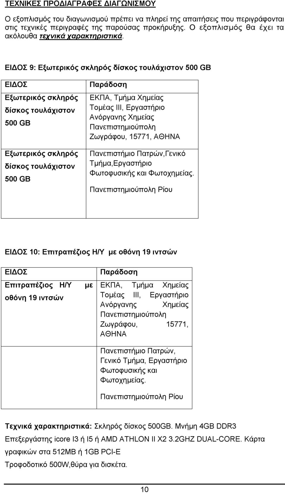 ΕΙΔΟΣ 9: Εξωτερικός σκληρός δίσκος τουλάχιστον 500 GB ΕΙΔΟΣ Εξωτερικός σκληρός δίσκος τουλάχιστον 500 GB Εξωτερικός σκληρός δίσκος τουλάχιστον 500 GB Παράδοση ΕΚΠΑ, Τμήμα Χημείας Τομέας ΙΙΙ,