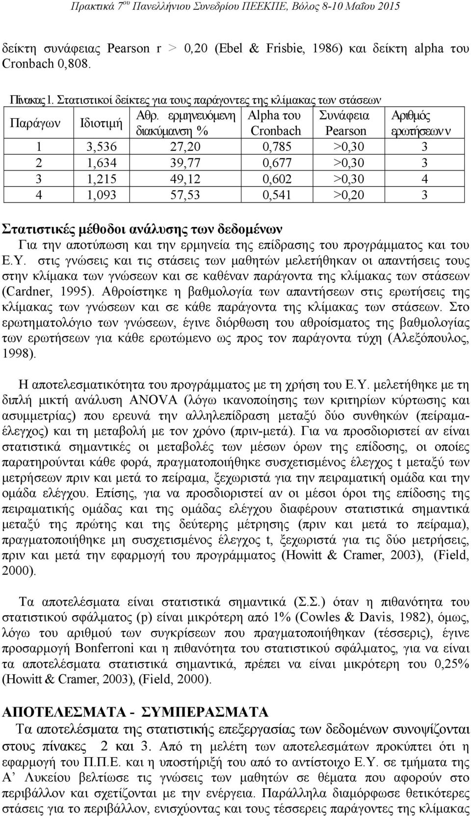 Στατιστικές μέθοδοι ανάλυσης των δεδομένων Για την αποτύπωση και την ερμηνεία της επίδρασης του προγράμματος και του Ε.Υ.