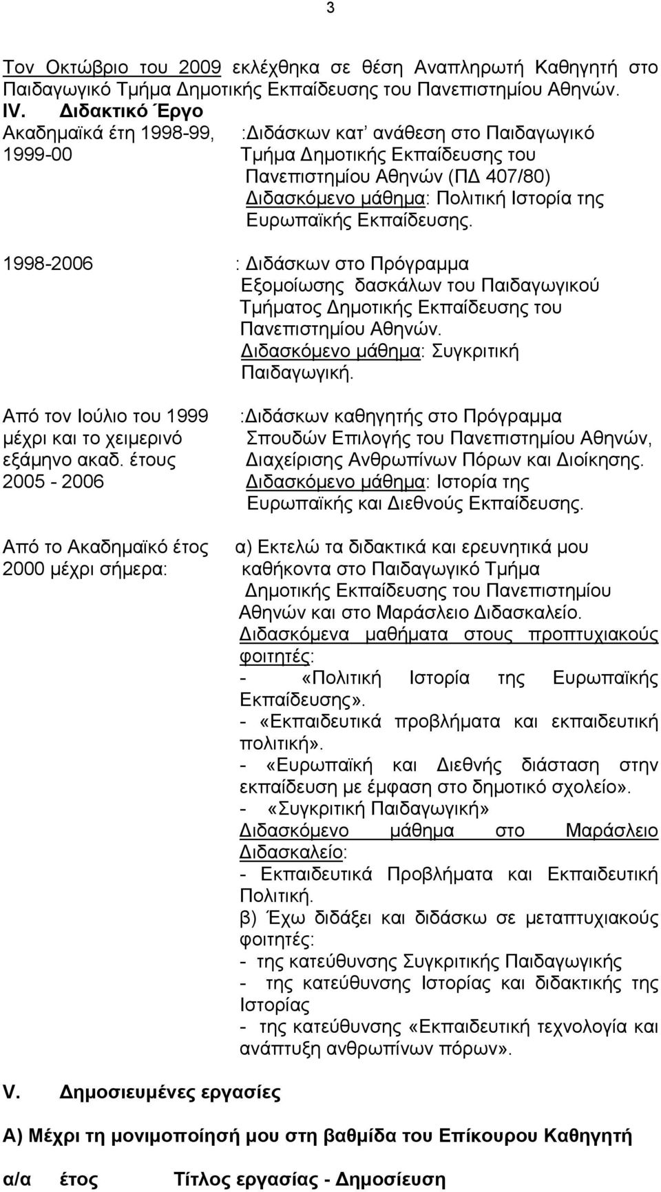 Ευρωπαϊκής Εκπαίδευσης. 1998-2006 : Διδάσκων στο Πρόγραμμα Εξομοίωσης δασκάλων του Παιδαγωγικού Τμήματος Δημοτικής Εκπαίδευσης του Διδασκόμενο μάθημα: Συγκριτική Παιδαγωγική.