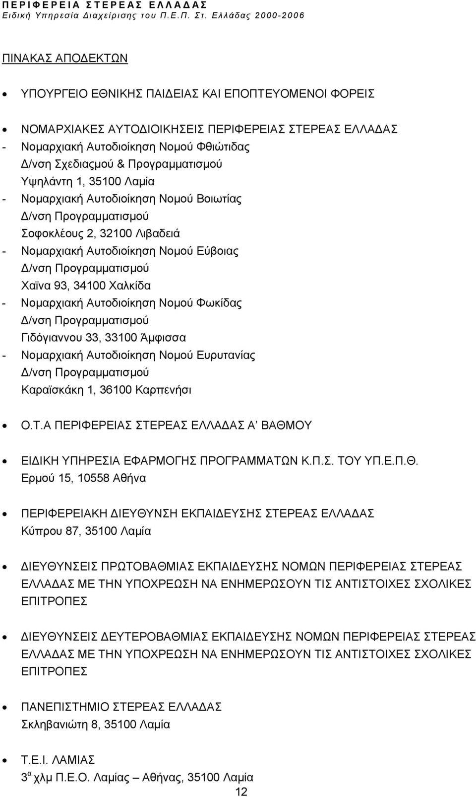 93, 34100 Χαλκίδα - Νοµαρχιακή Αυτοδιοίκηση Νοµού Φωκίδας /νση Προγραµµατισµού Γιδόγιαννου 33, 33100 Άµφισσα - Νοµαρχιακή Αυτοδιοίκηση Νοµού Ευρυτανίας /νση Προγραµµατισµού Καραϊσκάκη 1, 36100