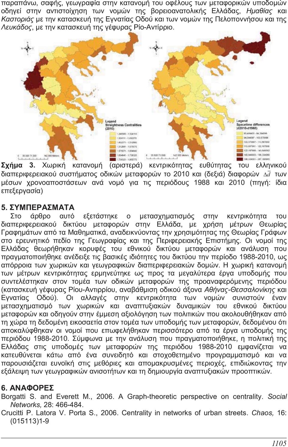 Χωρική κατανομή (αριστερά) κεντρικότητας ευθύτητας του ελληνικού διαπεριφερειακού συστήματος οδικών μεταφορών το 2010 και (δεξιά) διαφορών d των μέσων χρονοαποστάσεων ανά νομό για τις περιόδους 1988