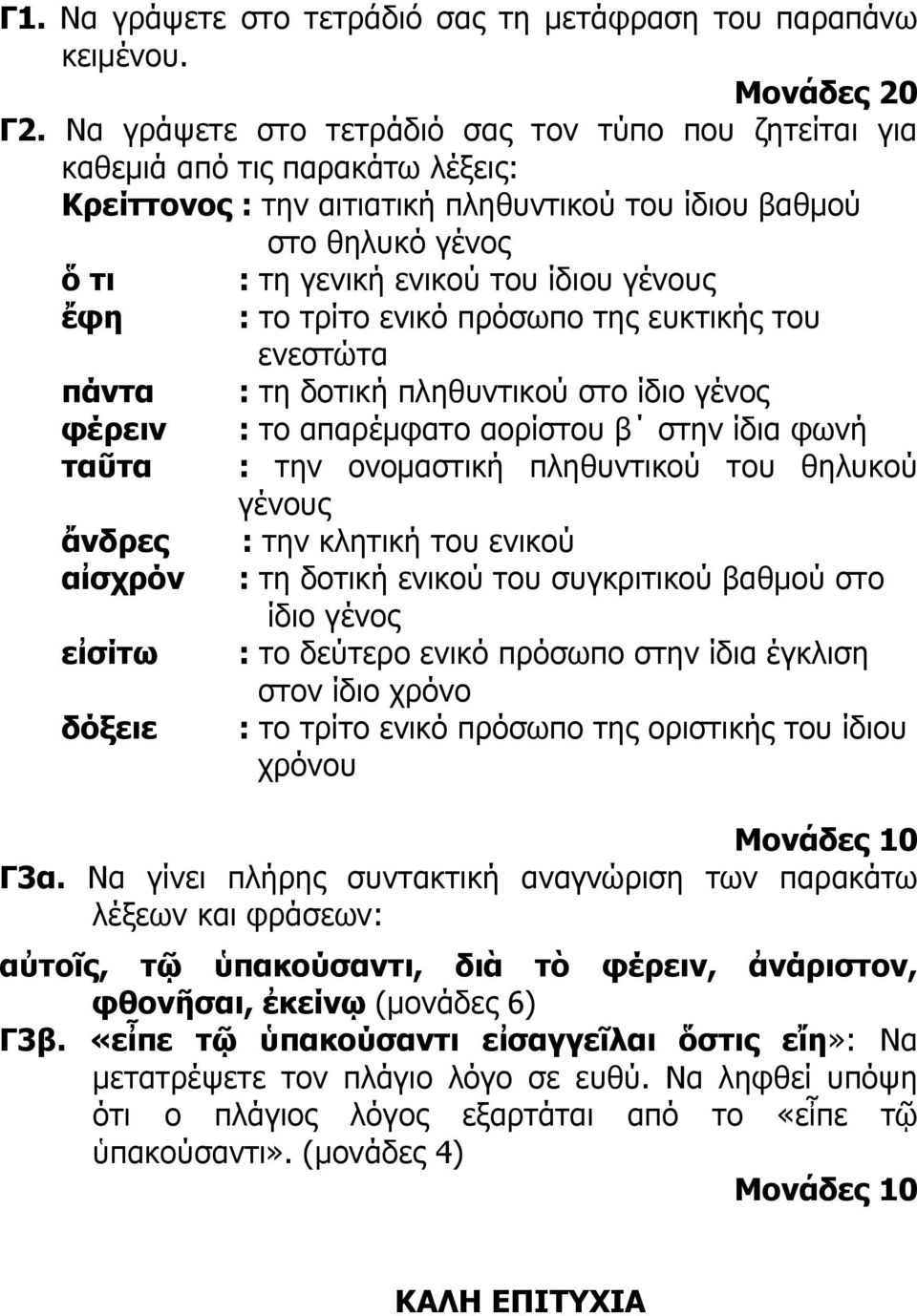 γένους ἔφη : το τρίτο ενικό πρόσωπο της ευκτικής του ενεστώτα πάντα : τη δοτική πληθυντικού στο ίδιο γένος φέρειν : το απαρέμφατο αορίστου β στην ίδια φωνή ταῦτα : την ονομαστική πληθυντικού του