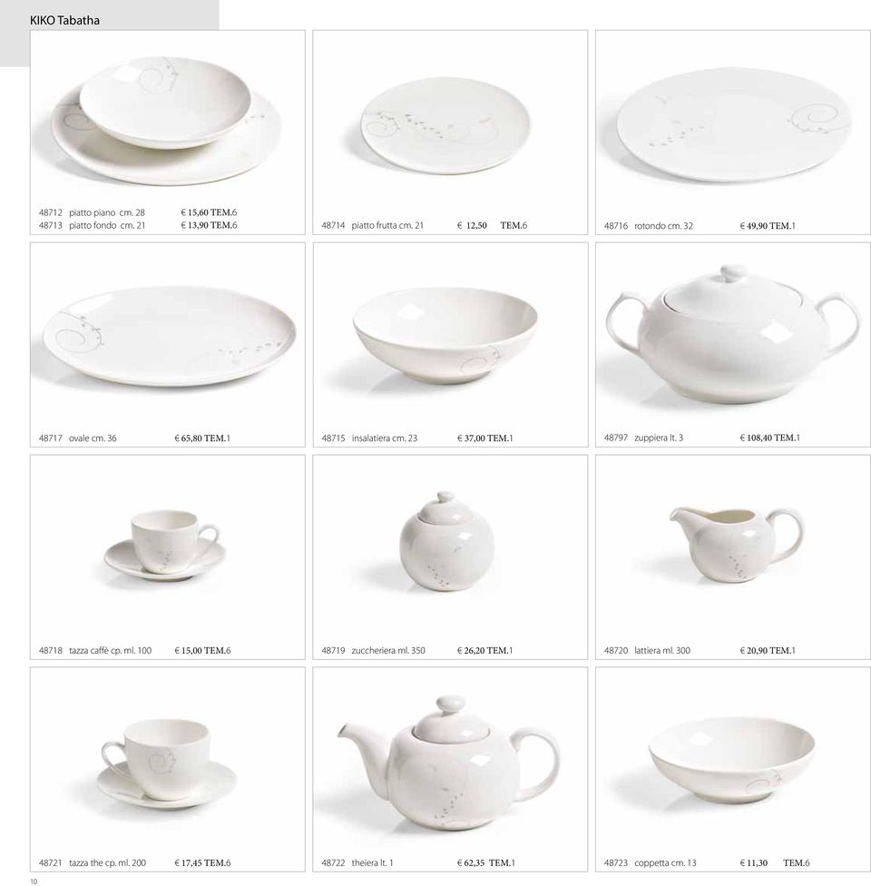 1 48797 zuppiera lt. 3 108,40 ΤΕΜ.1 48718 tazza caffè cp. ml. 100 15,00 ΤΕΜ.6 48719 zuccheriera ml. 350 26,20 ΤΕΜ.
