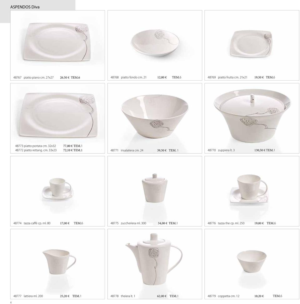 24 39,50 ΤΕΜ. 1 48770 zuppiera lt. 3 130,50 ΤΕΜ.1 48774 tazza caffè cp. ml. 80 17,00 ΤΕΜ.6 48775 zuccheriera ml. 300 34,00 ΤΕΜ.