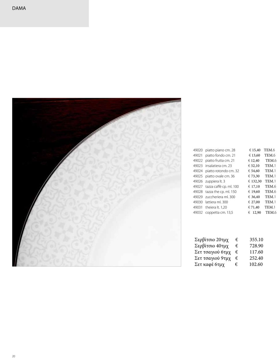 100 17,10 ΤΕΜ.6 49028 tazza the cp. ml. 150 19,60 ΤΕΜ.6 49029 zuccheriera ml. 300 36,40 ΤΕΜ.1 49030 lattiera ml. 300 27,00 ΤΕΜ.1 49031 theiera lt.