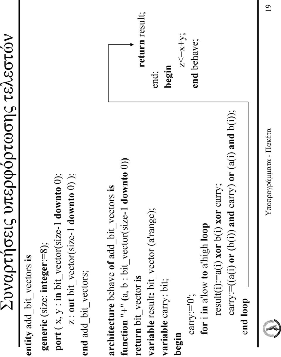 return bit_vector is variable result: bit_vector (a'range); variable carry: bit; carry:='0'; for i in a'low to a'high loop result(i):=a(i) xor