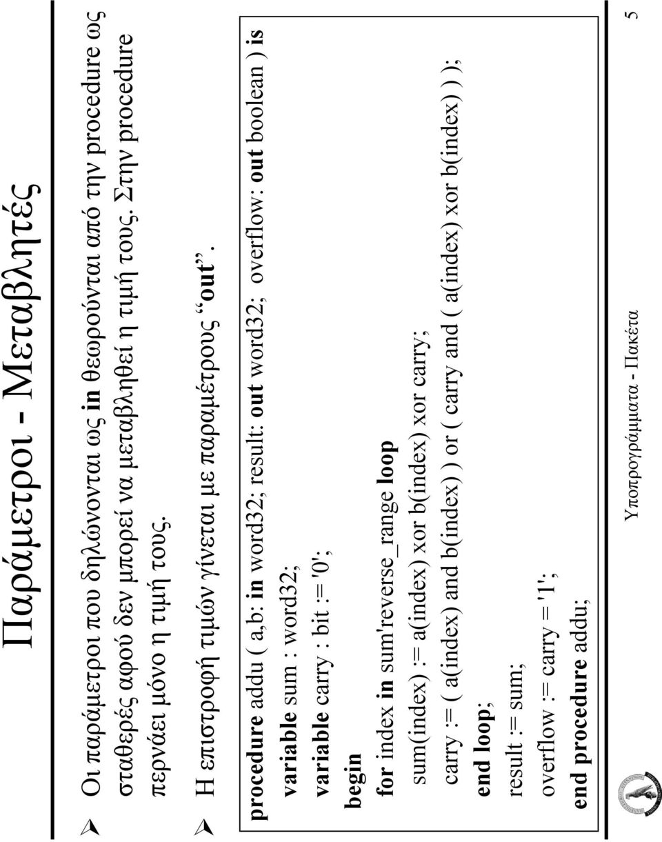 procedure addu ( a,b: in word32; result: out word32; overflow: out boolean ) is variable sum : word32; variable carry : bit := '0'; for index in