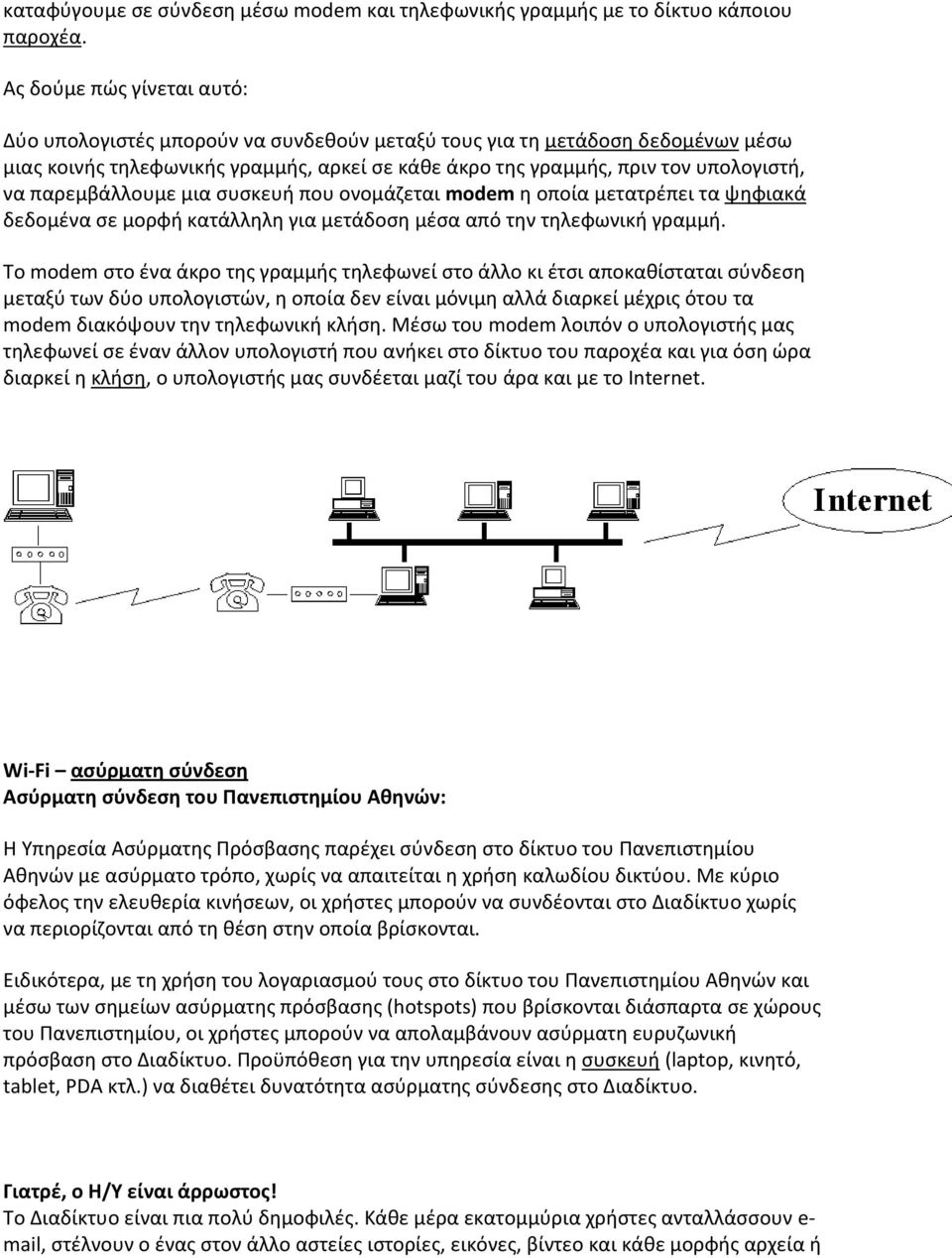 παρεμβάλλουμε μια ςυςκευι που ονομάηεται modem θ οποία μετατρζπει τα ψθφιακά δεδομζνα ςε μορφι κατάλλθλθ για μετάδοςθ μζςα από τθν τθλεφωνικι γραμμι.