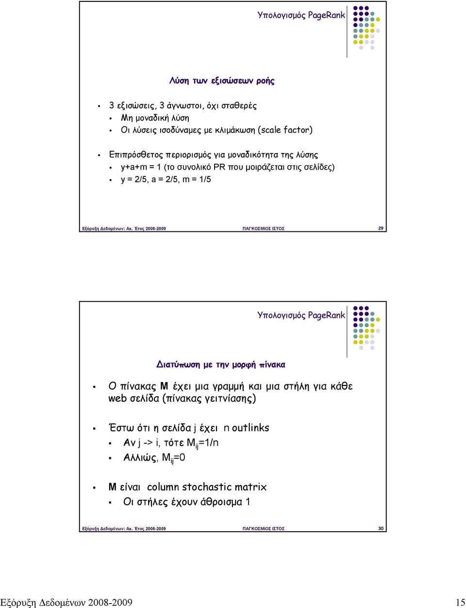 Έτος 2008-2009 ΠΑΓΚΟΣΜΙΟΣ ΙΣΤΟΣ 29 Υπολογισμός PageRank ιατύπωση με την μορφή πίνακα Ο πίνακας M έχει μια γραμμή και μια στήλη για κάθε web σελίδα (πίνακας γειτνίασης) Έστω