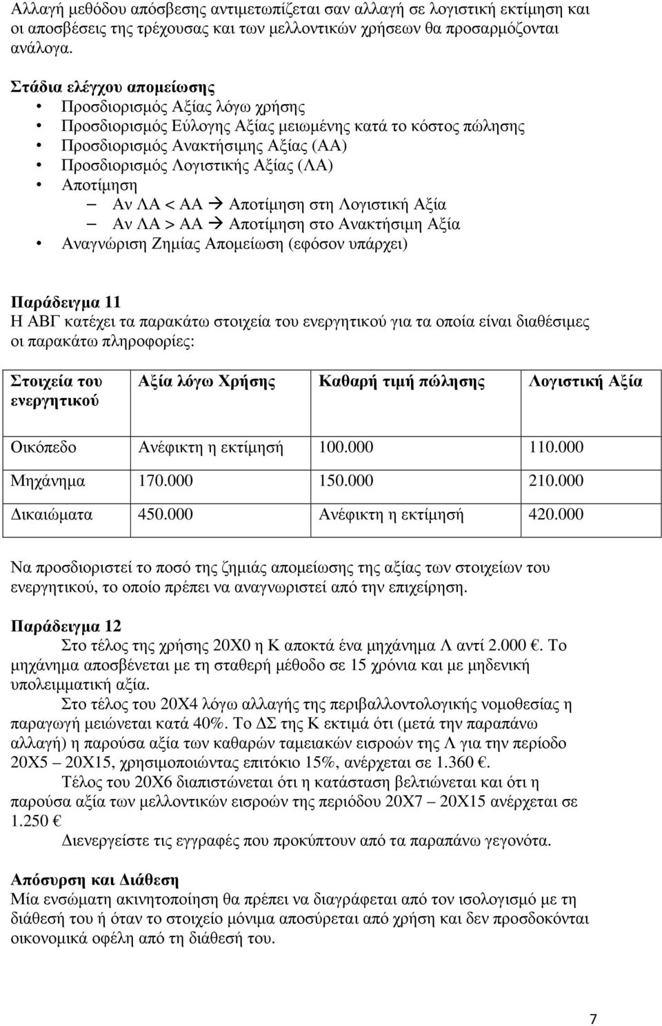 Αποτίµηση Αν ΛΑ < ΑΑ Αποτίµηση στη Λογιστική Αξία Αν ΛΑ > ΑΑ Αποτίµηση στο Ανακτήσιµη Αξία Αναγνώριση Ζηµίας Αποµείωση (εφόσον υπάρχει) Παράδειγµα 11 Η ΑΒΓ κατέχει τα παρακάτω στοιχεία του