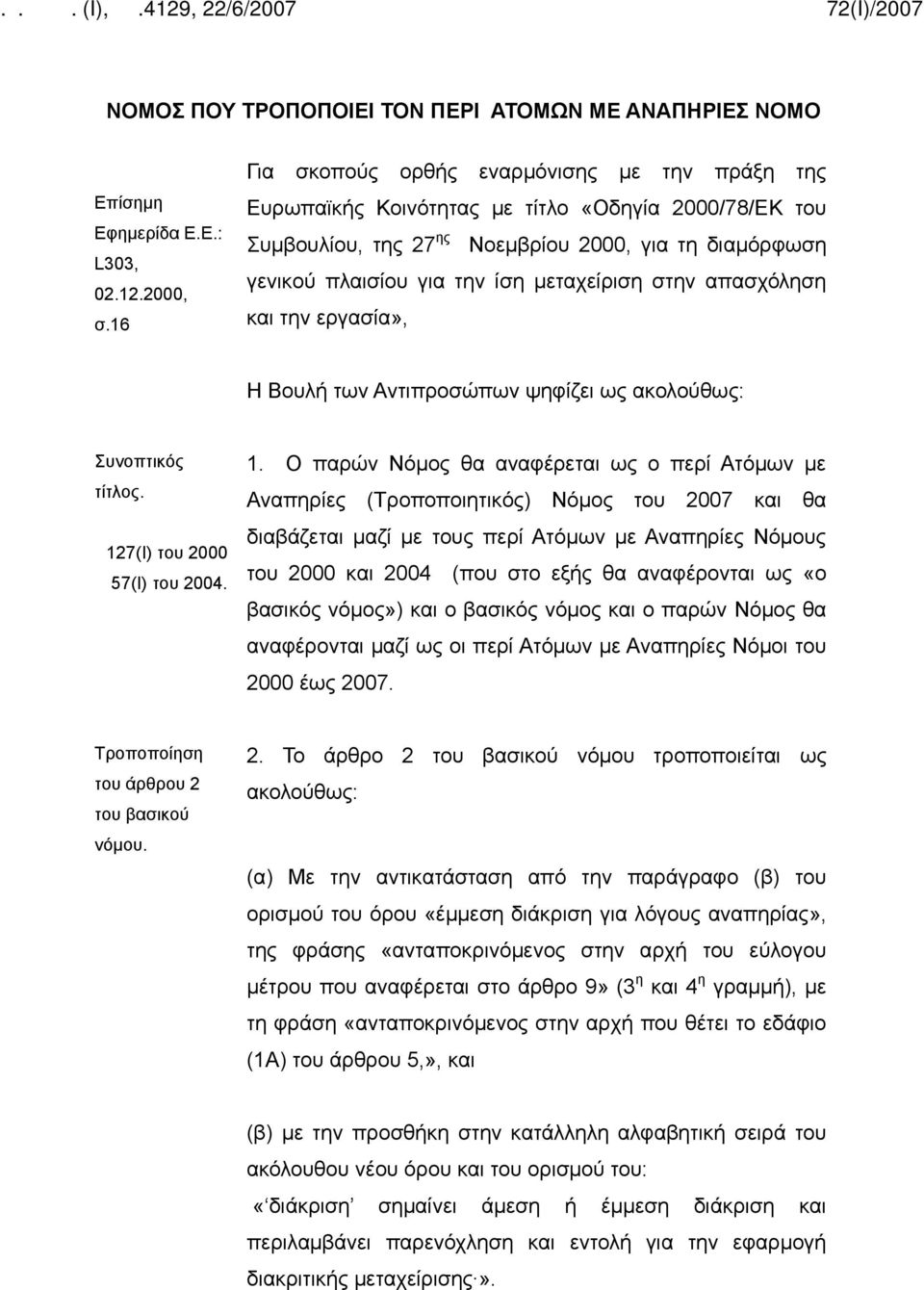 μεταχείριση στην απασχόληση και την εργασία», Η Βουλή των Αντιπροσώπων ψηφίζει ως Συνοπτικός τίτλος. 12