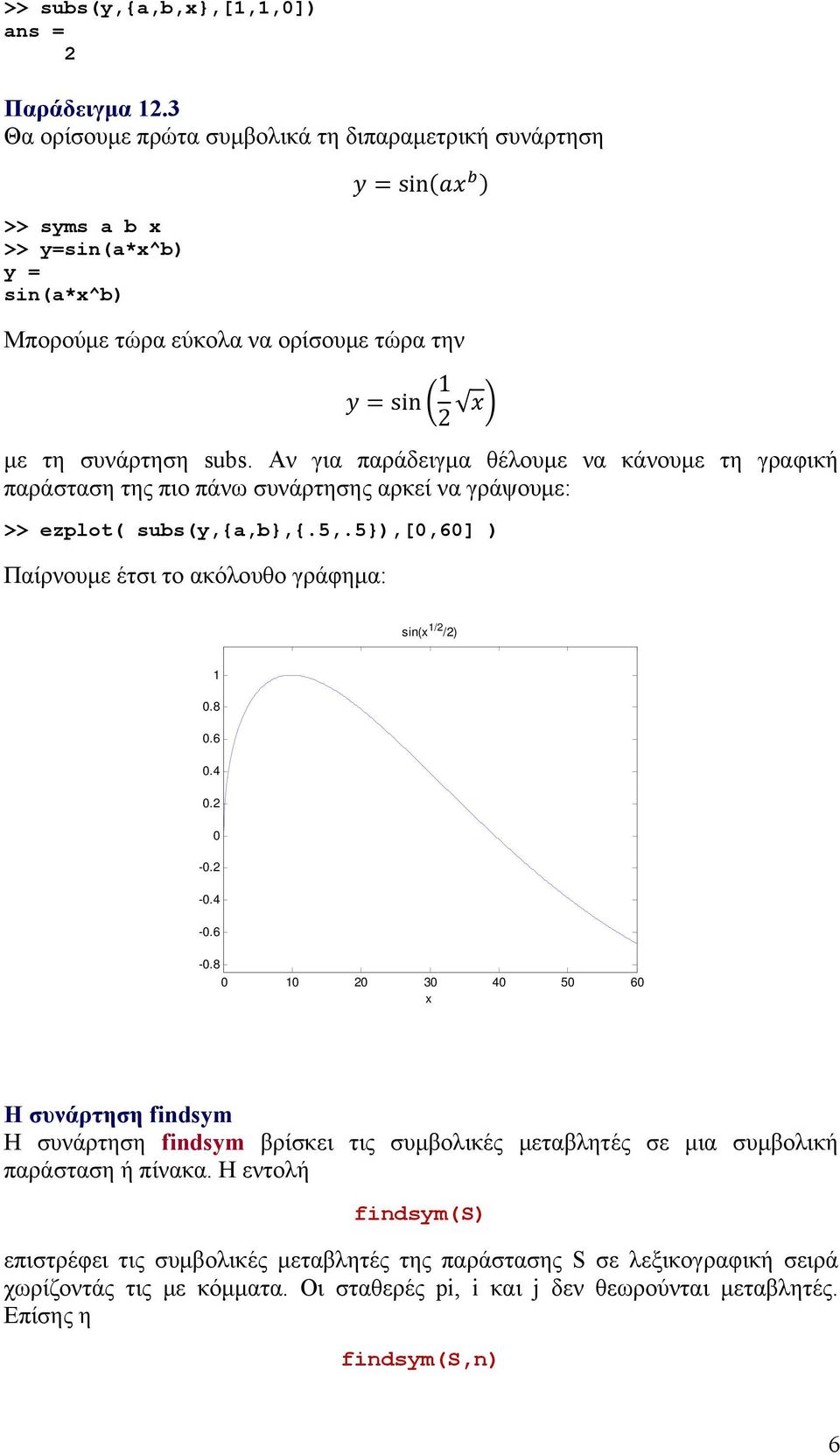 Αν για παράδειγμα θέλουμε να κάνουμε τη γραφική παράσταση της πιο πάνω συνάρτησης αρκεί να γράψουμε: >> ezplot( subs(y,{a,b},{.5,.
