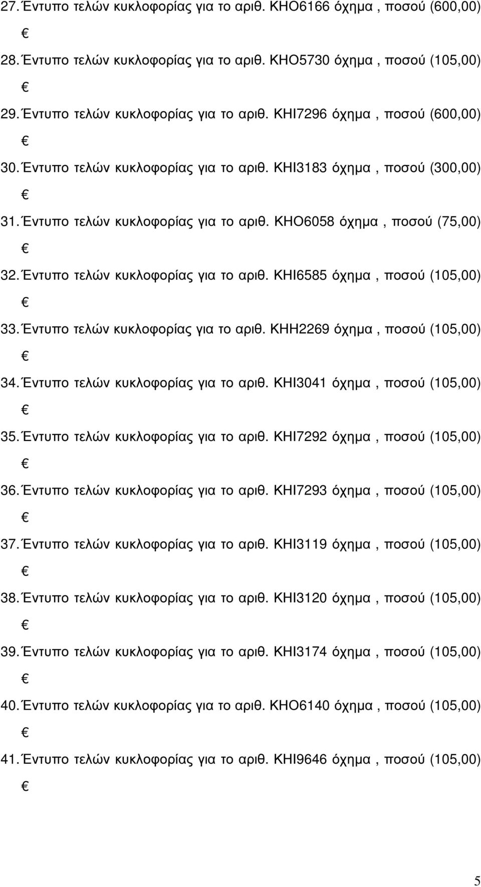 Έντυπο τελών κυκλοφορίας για το αριθ. ΚΗΗ2269 όχηµα, ποσού (105,00) 34. Έντυπο τελών κυκλοφορίας για το αριθ. ΚΗΙ3041 όχηµα, ποσού (105,00) 35. Έντυπο τελών κυκλοφορίας για το αριθ. ΚΗΙ7292 όχηµα, ποσού (105,00) 36.