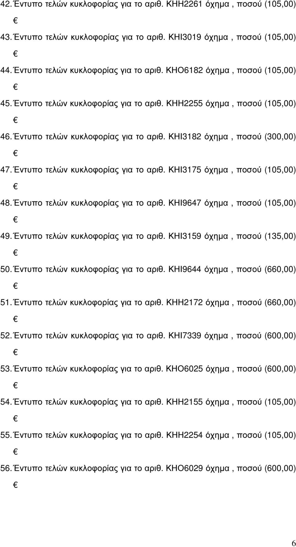 Έντυπο τελών κυκλοφορίας για το αριθ. ΚΗΙ9647 όχηµα, ποσού (105,00) 49. Έντυπο τελών κυκλοφορίας για το αριθ. ΚΗΙ3159 όχηµα, ποσού (135,00) 50. Έντυπο τελών κυκλοφορίας για το αριθ. ΚΗΙ9644 όχηµα, ποσού (660,00) 51.