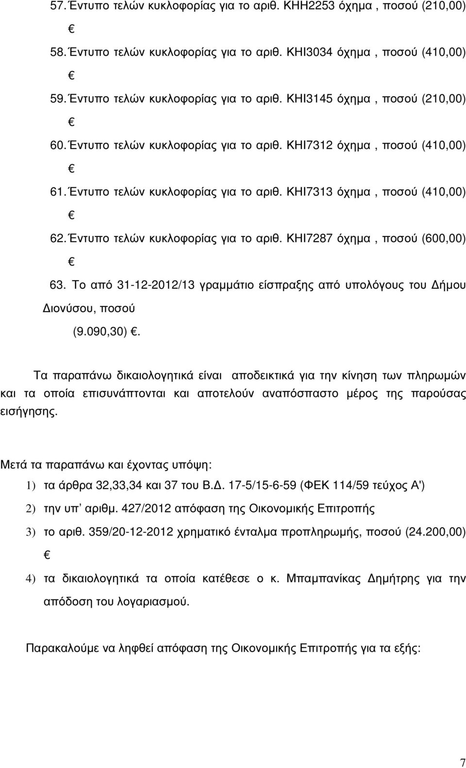 Το από 31-12-2012/13 γραµµάτιο είσπραξης από υπολόγους του ήµου ιονύσου, ποσού (9.090,30).