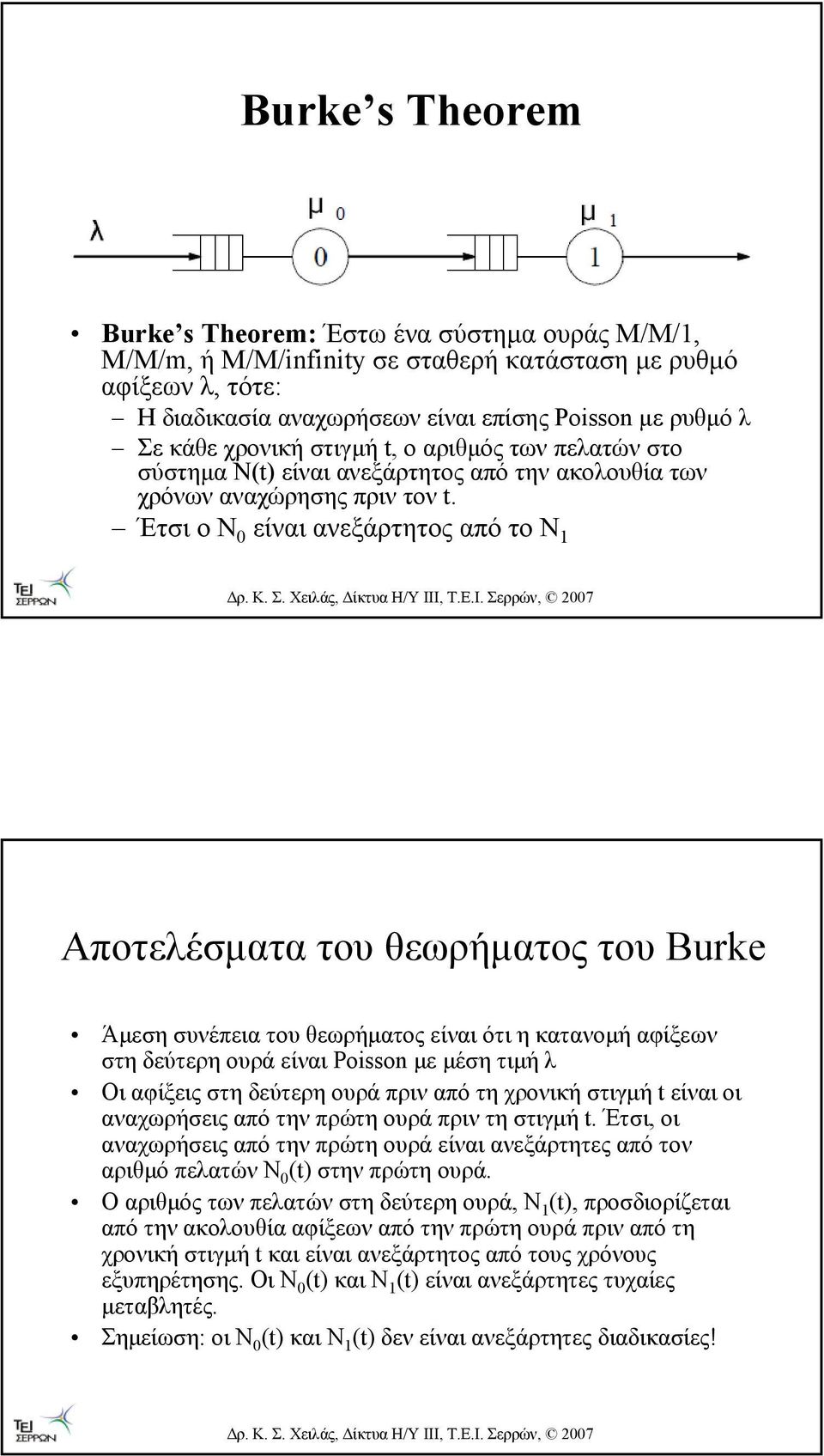 Έτσι ο Ν 0 είναι ανεξάρτητος από το Ν 1 Αποτελέσµατα του θεωρήµατος του Burke Άµεση συνέπεια του θεωρήµατος είναι ότι η κατανοµή αφίξεων στη δεύτερη ουρά είναι Poisson µε µέση τιµή λ Οι αφίξεις στη