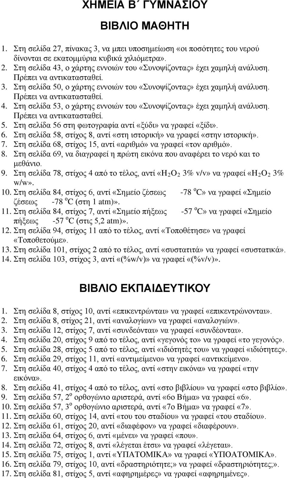 6. Στη σελίδα 58, στίχς 8, αντί «στη ιστρική» να γραφεί «στην ιστρική». 7. Στη σελίδα 68, στίχς 15, αντί «αριθμό» να γραφεί «τν αριθμό». 8. Στη σελίδα 69, να διαγραφεί η πρώτη εικόνα πυ αναφέρει τ νερό και τ μεθάνι.