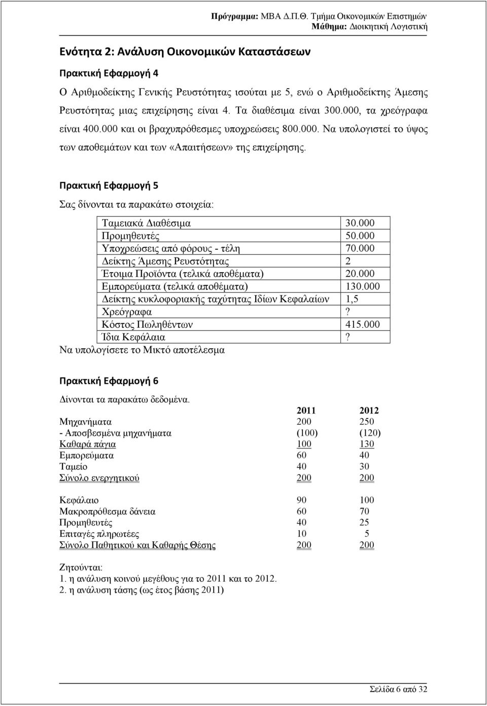 000 και οι βραχυπρόθεσµες υποχρεώσεις 800.000. Να υπολογιστεί το ύψος των αποθεµάτων και των «Απαιτήσεων» της επιχείρησης. Πρακτική Εφαρμογή 5 Σας δίνονται τα παρακάτω στοιχεία: Ταµειακά ιαθέσιµα 30.