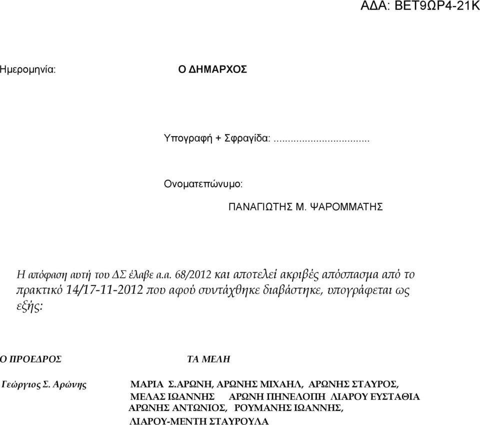 όφαση αυτή του ΔΣ έλαβε α.α. 68/2012 και αποτελεί ακριβές απόσπασμα από το πρακτικό 14/17-11-2012 που αφού