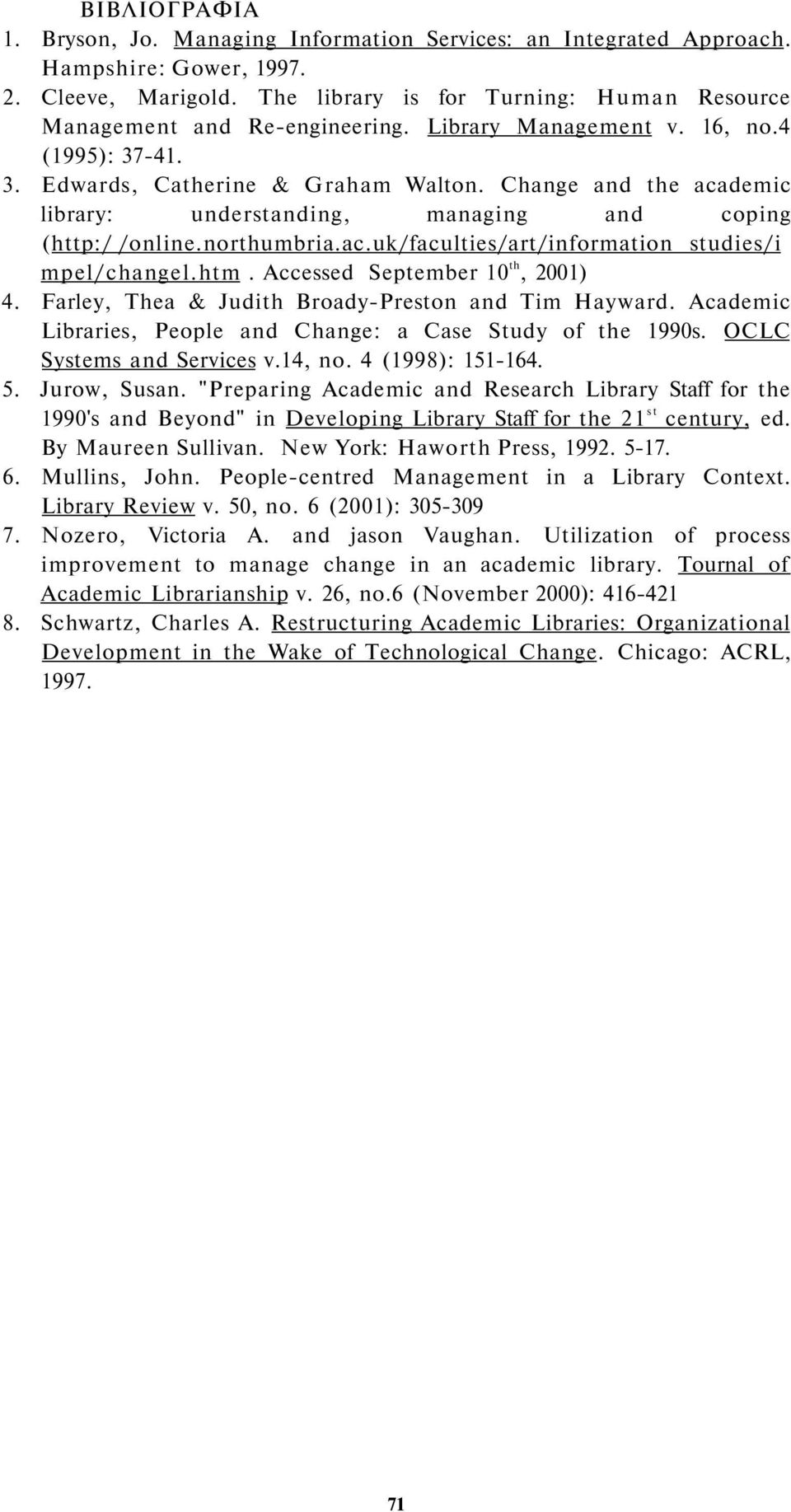 Change and the academic library: understanding, managing and coping (http:/ /online.northumbria.ac.uk/faculties/art/information studies/i mpel/changel.htm. Accessed September 10 th, 2001) 4.