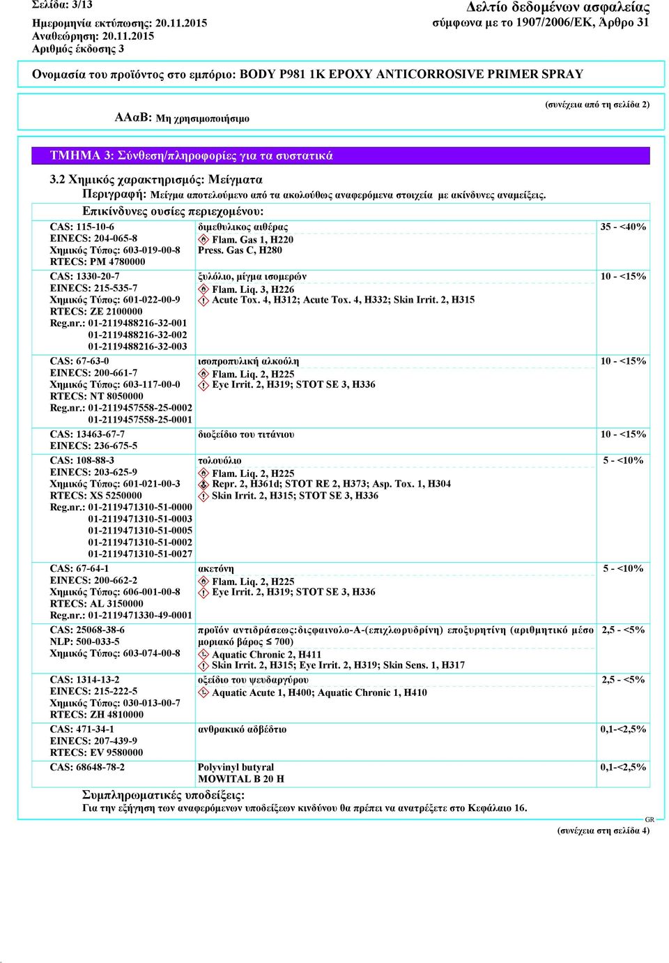Επικίνδυνες ουσίες περιεχομένου: CAS: 115-10-6 EINECS: 204-065-8 Χημικός Τύπος: 603-019-00-8 RTECS: PM 4780000 CAS: 1330-20-7 EINECS: 215-535-7 Χημικός Τύπος: 601-022-00-9 RTECS: ZE 2100000 Reg.nr.