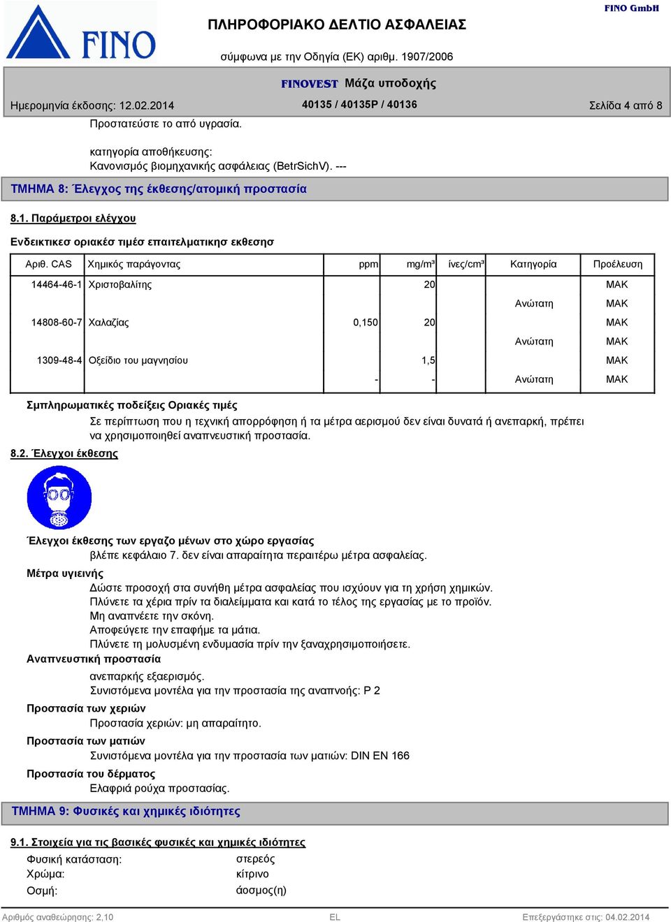 CAS Χημικός παράγοντας ppm mg/m³ ίνες/cm³ Κατηγορία Προέλευση 14464-46-1 Χριστοβαλίτης 20 MAK Ανώτατη 14808-60-7 Χαλαζίας 0,150 20 MAK Ανώτατη 1309-48-4 Οξείδιο του μαγνησίου 1,5 MAK Σμπληρωματικές