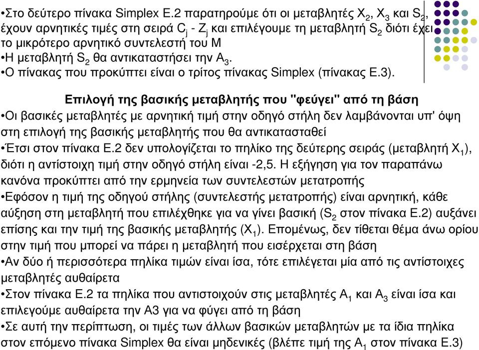 αντικαταστήσει την Α 3. Ο πίνακας που προκύπτει είναι ο τρίτος πίνακας Simplex (πίνακας Ε.3).