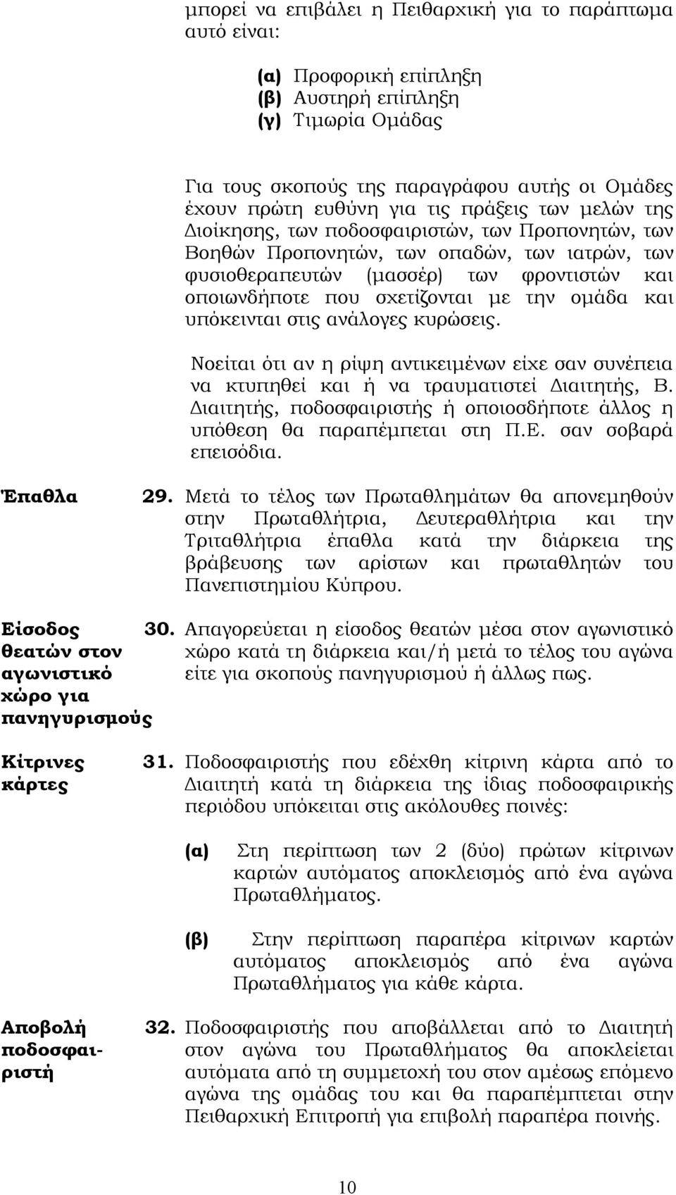 ομάδα και υπόκεινται στις ανάλογες κυρώσεις. Νοείται ότι αν η ρίψη αντικειμένων είχε σαν συνέπεια να κτυπηθεί και ή να τραυματιστεί Διαιτητής, Β.