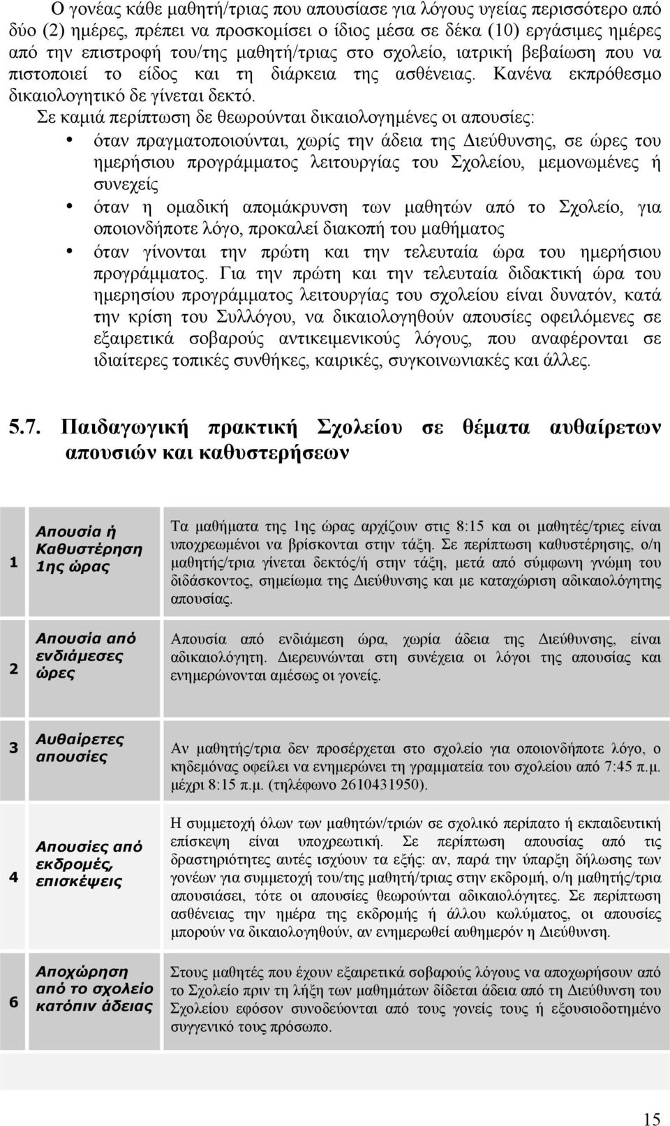 Σε καµιά περίπτωση δε θεωρούνται δικαιολογηµένες οι απουσίες: όταν πραγµατοποιούνται, χωρίς την άδεια της Διεύθυνσης, σε ώρες του ηµερήσιου προγράµµατος λειτουργίας του Σχολείου, µεµονωµένες ή