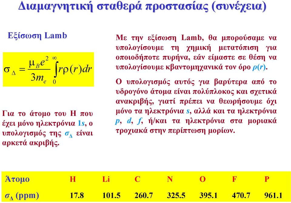 Με την εξίσωση Lamb, θα µπορούσαµε να υπολογίσουµε τη χηµική µετατόπιση για οποιοδήποτε πυρήνα, εάν είµαστε σε θέση να υπολογίσουµε κβαντοµηχανικά τον όρο ρ(r).