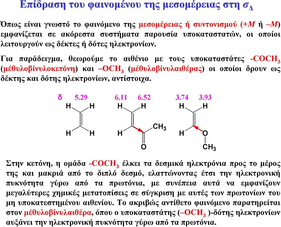 Για παράδειγµα, θεωρούµε το αιθένιο µε τους υποκαταστάτες -O 3 (µέθυλοβίνυλοκετόνη) και O 3 (µέθυλοβίνυλαιθέρας) οι οποίοι δρουν ως δέκτης και δότης ηλεκτρονίων, αντίστοιχα. δ 5.29 6.11 6.52 3.74 3.