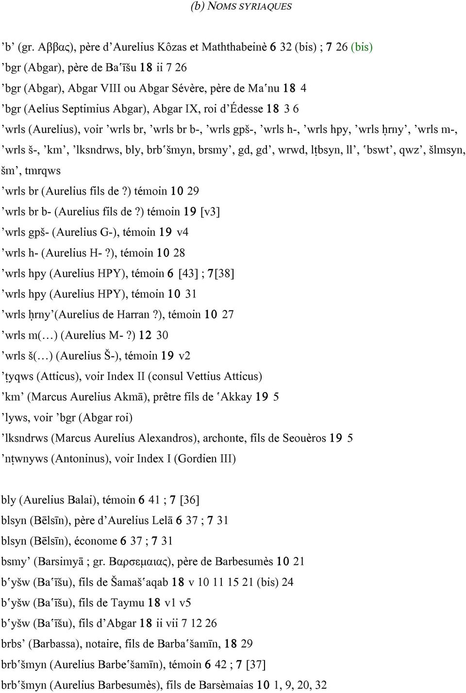 Abgar IX, roi d Édesse 18 3 6 wrls (Aurelius), voir wrls br, wrls br b-, wrls gpš-, wrls h-, wrls hpy, wrls ḥrny, wrls m-, wrls š-, km, lksndrws, bly, brb šmyn, brsmy, gd, gd, wrwd, lṭbsyn, ll, bswt,