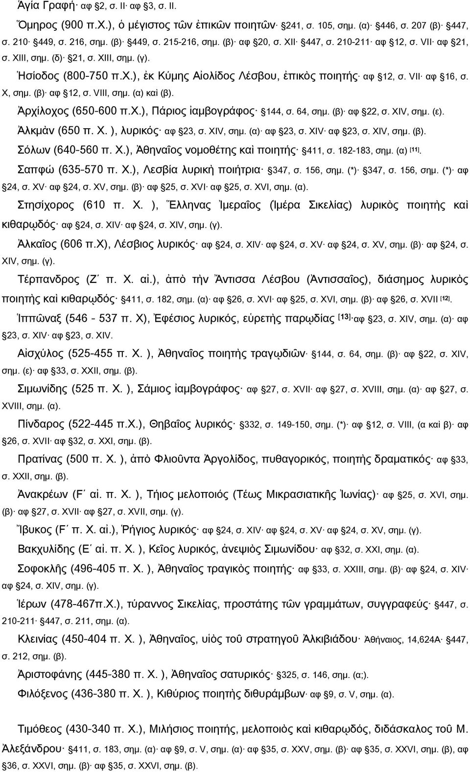 VIII, σημ. (α) καὶ (β). Ἀρχίλοχος (650-600 π.χ.), Πάριος ἰαμβογράφος 144, σ. 64, σημ. (β) αφ 22, σ. ΧΙV, σημ. (ε). Ἀλκμὰν (650 π. Χ. ), λυρικός αφ 23, σ. ΧΙV, σημ. (α) αφ 23, σ. ΧΙV αφ 23, σ.