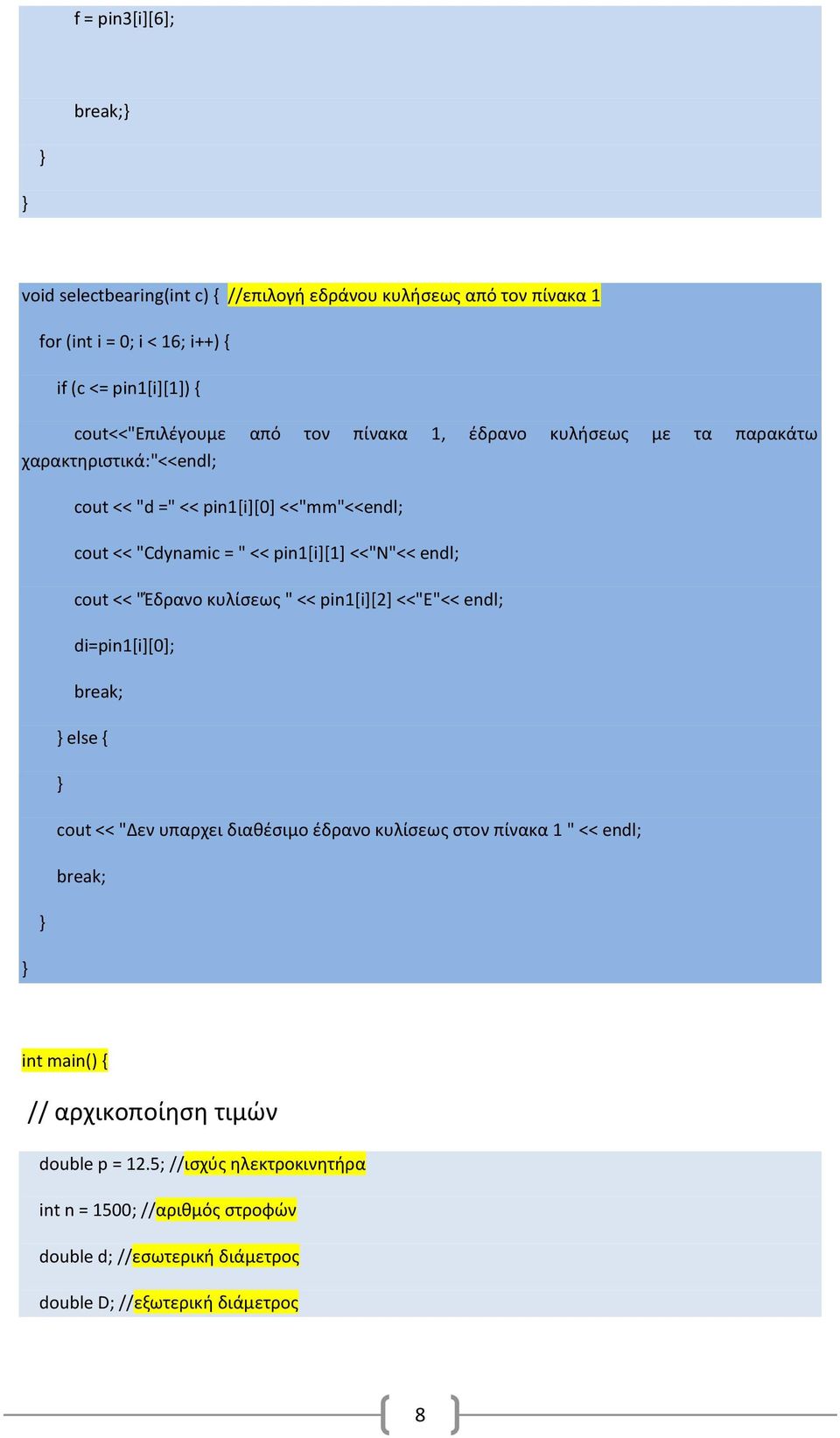 pin1[i][1] <<"N"<< endl; cout << "Έδρανο κυλίσεως " << pin1[i][2] <<"Ε"<< endl; di=pin1[i][0]; break; } else { } cout << "Δεν υπαρχει διαθέσιμο έδρανο κυλίσεως στον