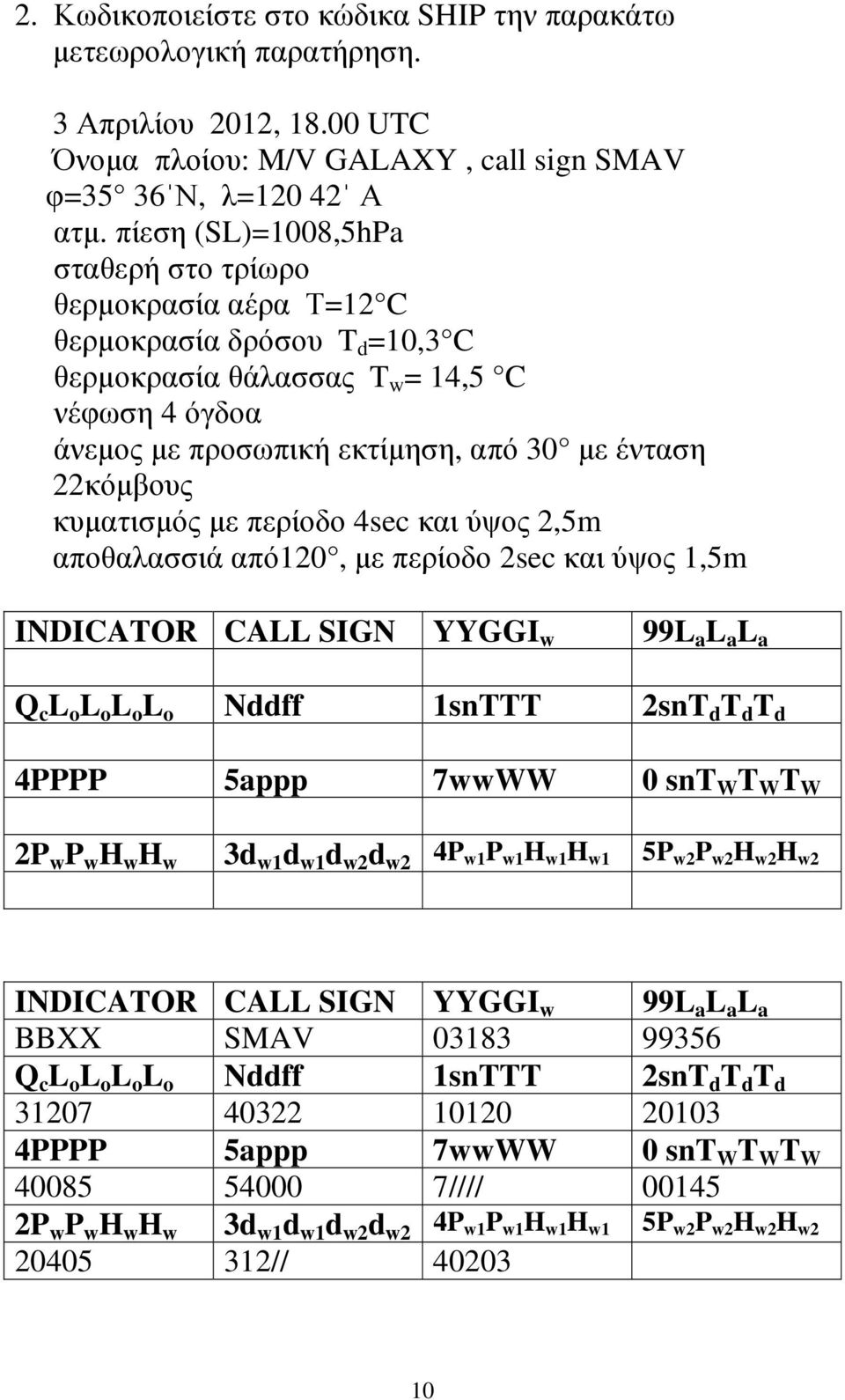 22κόµβους κυµατισµός µε περίοδο 4sec και ύψος 2,5m αποθαλασσιά από120, µε περίοδο 2sec και ύψος 1,5m INDICATOR CALL SIGN YYGGI w 99L a L a L a Q c L o L o L o L o Nddff 1snTTT 2snT d T d T d 4PPPP