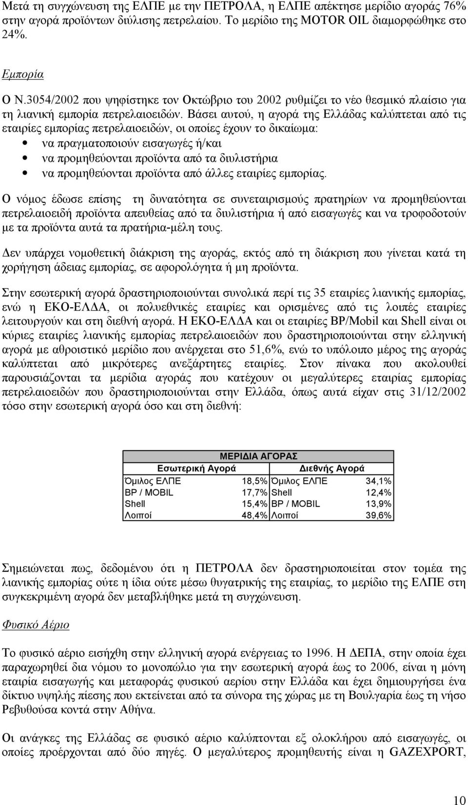 Βάσει αυτού, η αγορά της Ελλάδας καλύπτεται από τις εταιρίες εμπορίας πετρελαιοειδών, οι οποίες έχουν το δικαίωμα: να πραγματοποιούν εισαγωγές ή/και να προμηθεύονται προϊόντα από τα διυλιστήρια να