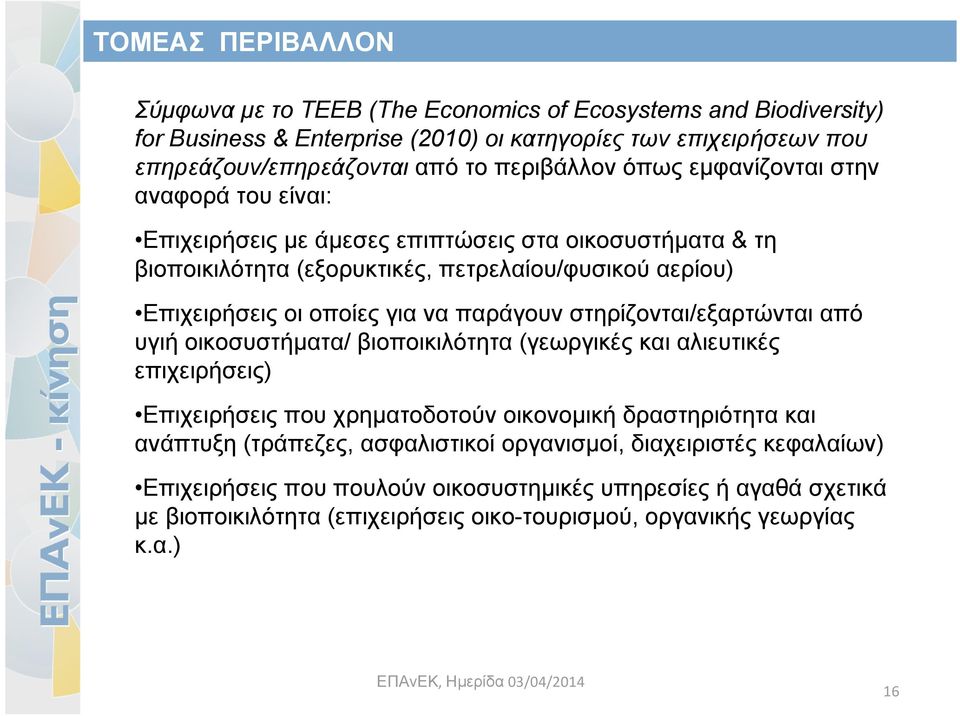 παράγουν στηρίζονται/εξαρτώνται από υγιή οικοσυστήματα/ βιοποικιλότητα (γεωργικές και αλιευτικές επιχειρήσεις) Επιχειρήσεις που χρηματοδοτούν οικονομική δραστηριότητα και ανάπτυξη