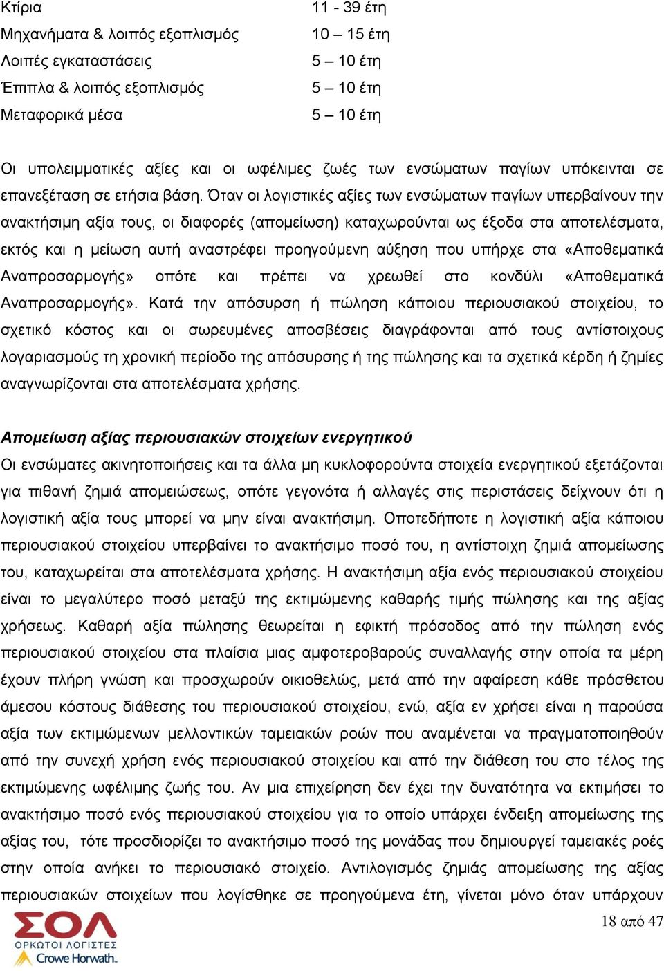 Όταν οι λογιστικές αξίες των ενσώματων παγίων υπερβαίνουν την ανακτήσιμη αξία τους, οι διαφορές (απομείωση) καταχωρούνται ως έξοδα στα αποτελέσματα, εκτός και η μείωση αυτή αναστρέφει προηγούμενη