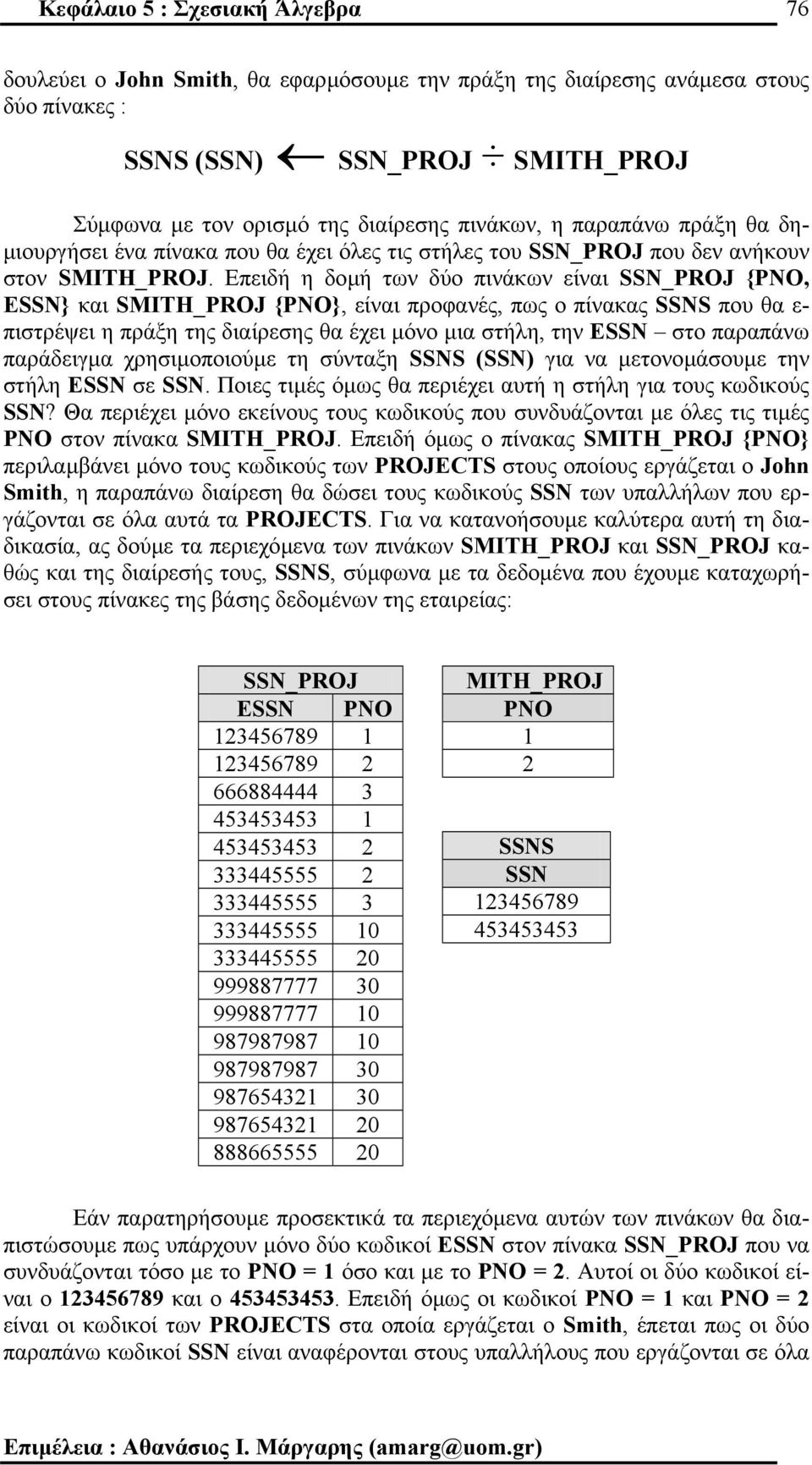 Επειδή η δοµή των δύο πινάκων είναι SSN_PROJ {PNO, ESSN} και SMITH_PROJ {PNO}, είναι προφανές, πως ο πίνακας SSNS που θα ε- πιστρέψει η πράξη της διαίρεσης θα έχει µόνο µια στήλη, την ESSN στο