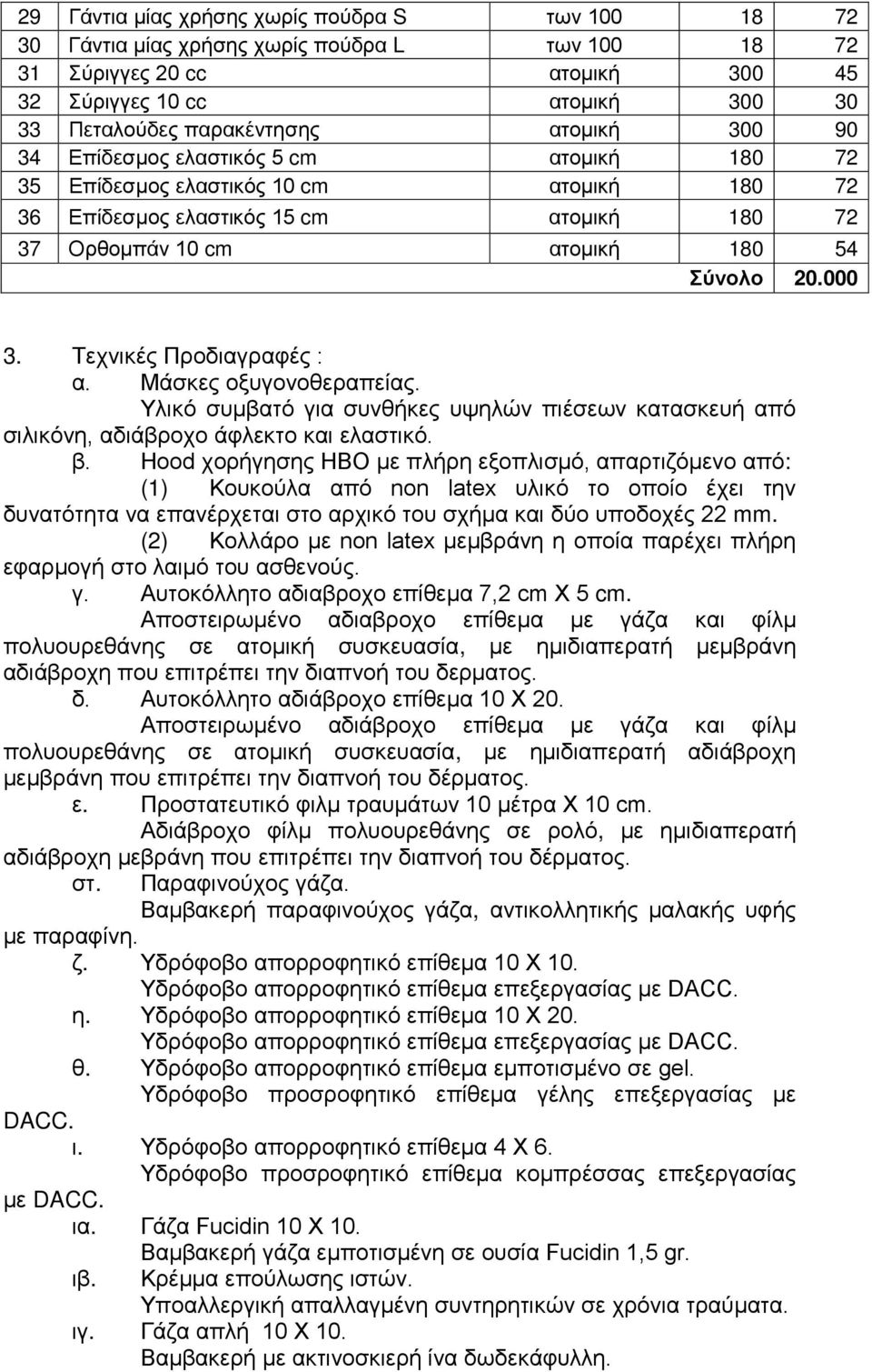 Τεχνικές Προδιαγραφές : α. Μάσκες οξυγονοθεραπείας. Υλικό συμβατό για συνθήκες υψηλών πιέσεων κατασκευή από σιλικόνη, αδιάβροχο άφλεκτο και ελαστικό. β.