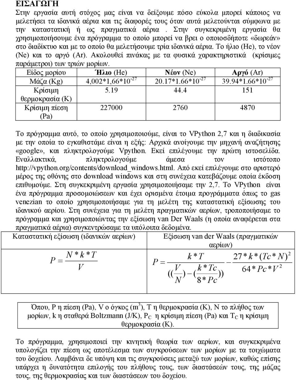 Το ήλιο (He), το νέον (Ne) και το αργό (Ar). Ακολουθεί πινάκας µε τα φυσικά χαρακτηριστικά (κρίσιµες παράµετροι) των τριών µορίων.