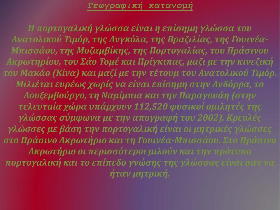 Μιλιέται ευρέως χωρίς να είναι επίσημη στην Ανδόρρα, το Λουξεμβούργο, τη Ναμίμπια και την Παραγουάη (στην τελευτaία χώρα υπάρχουν 112,520 φυσικοί ομιλητές της γλώσσας σύμφωνα με την απογραφή