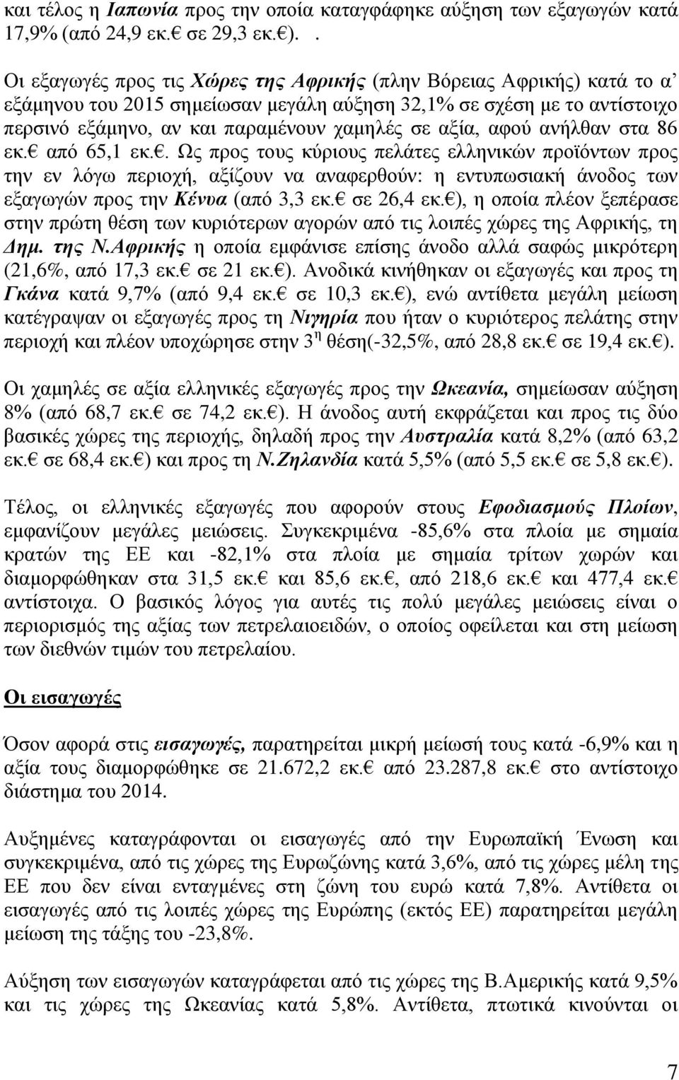 αθνύ αλήιζαλ ζηα 86 εθ. από 65,1 εθ.. Ωο πξνο ηνπο θύξηνπο πειάηεο ειιεληθώλ πξντόλησλ πξνο ηελ ελ ιόγσ πεξηνρή, αμίδνπλ λα αλαθεξζνύλ: ε εληππσζηαθή άλνδνο ησλ εμαγσγώλ πξνο ηελ Κέλπα (από 3,3 εθ.