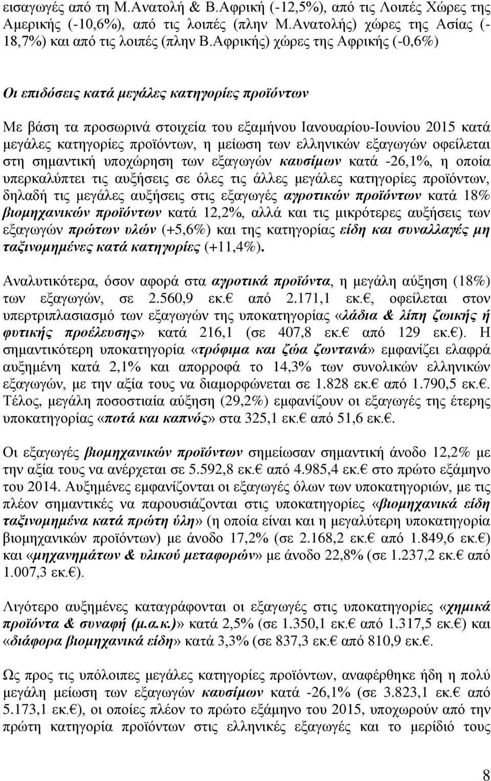 ειιεληθώλ εμαγσγώλ νθείιεηαη ζηε ζεκαληηθή ππνρώξεζε ησλ εμαγσγώλ θαπζίκωλ θαηά -26,1%, ε νπνία ππεξθαιύπηεη ηηο απμήζεηο ζε όιεο ηηο άιιεο κεγάιεο θαηεγνξίεο πξντόλησλ, δειαδή ηηο κεγάιεο απμήζεηο