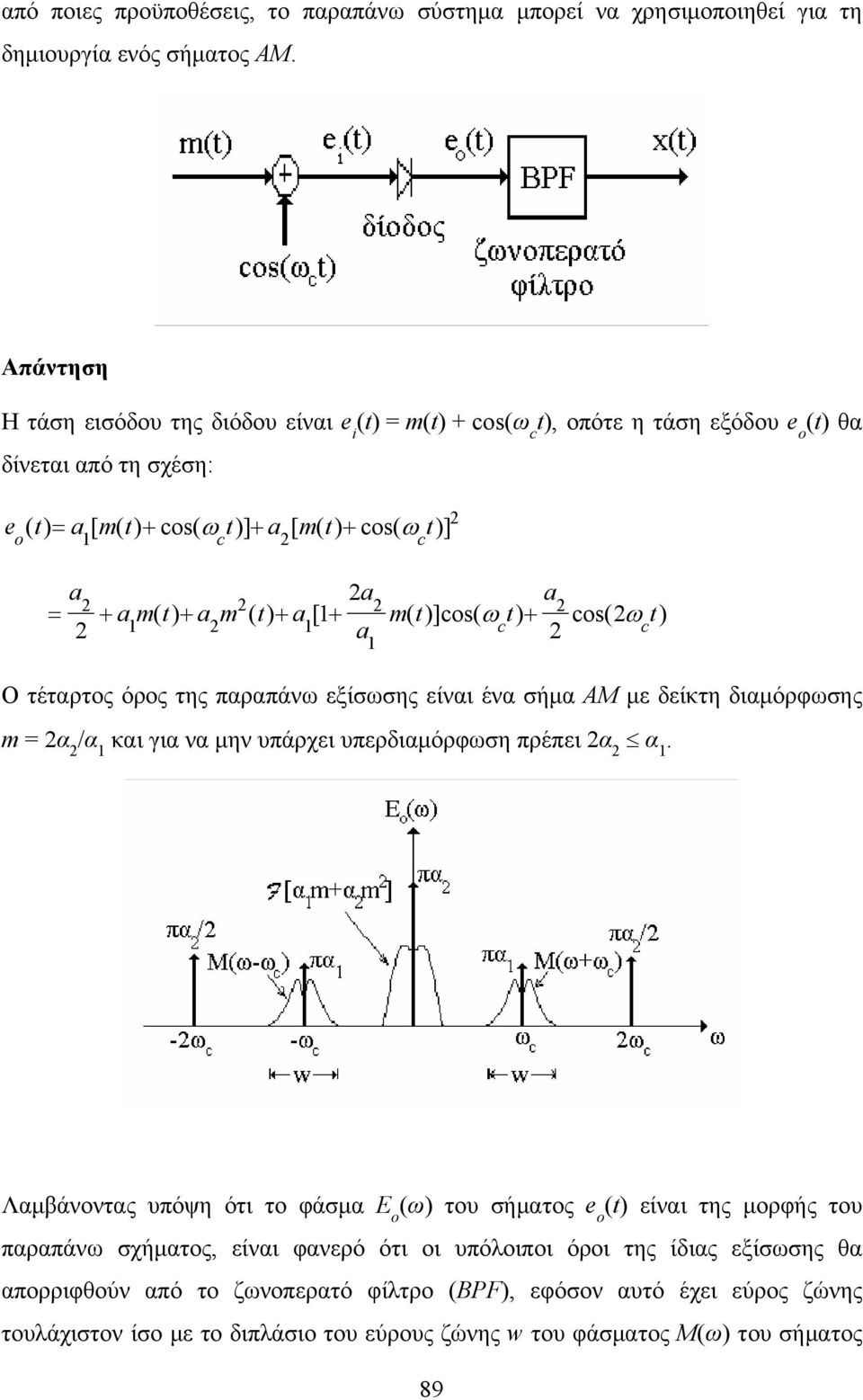 t + a + + a mt t a () () [ ()]os( ω ) os( ω t) Ο τέταρτος όρος της παραπάνω εξίσωσης είναι ένα σήμα AM με δείκτη διαμόρφωσης m = α /α και για να μην υπάρχει υπερδιαμόρφωση πρέπει α α.