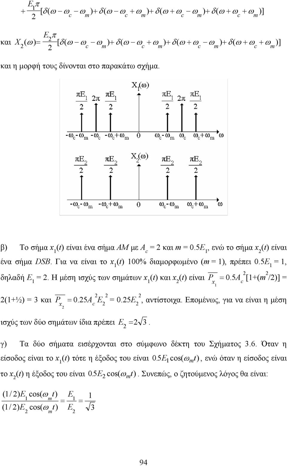 Η μέση ισχύς των σημάτων x (t) και x (t) είναι P x = 0.5A [+(m /)] = (+½) = 3 και P x = 0.5A E = 0.5E, αντίστοιχα. Επομένως, για να είναι η μέση ισχύς των δύο σημάτων ίδια πρέπει E = 3.