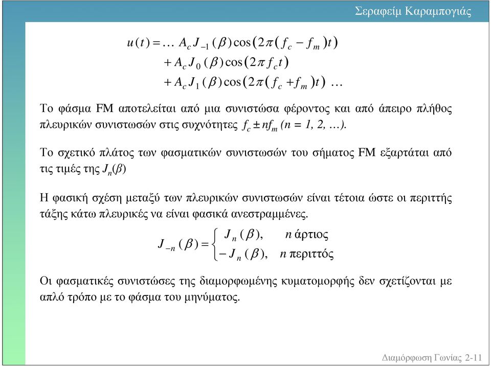 Το σχετικό πλάτος των φασµατικών σνιστωσών το σήµατος FM εξαρτάται από τιςτιµέςτης J β Η φασική σχέση µεταξύ των πλερικών σνιστωσών