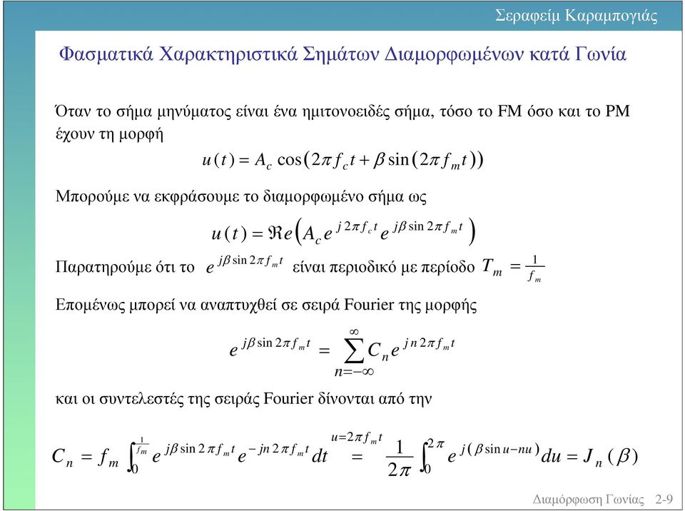 jβ si π j π jβ si π e e είναι περιοδικό µε περίοδο T Εποµένως µπορεί να αναπτχθεί σε σειρά Fourier της µορφής e jβ si π j π