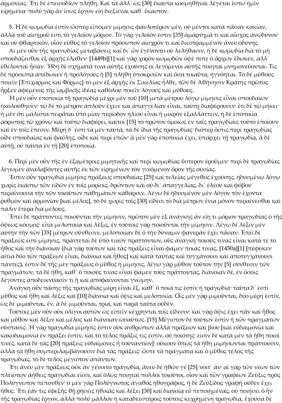 Τὸ γὰρ γελοῖόν ἐστιν [35] ἁμάρτημά τι καὶ αἶσχος ἀνώδυνον καὶ οὐ φθαρτικόν, οἷον εὐθὺς τὸ γελοῖον πρόσωπον αἰσχρόν τι καὶ διεστραμμένον ἄνευ ὀδύνης.